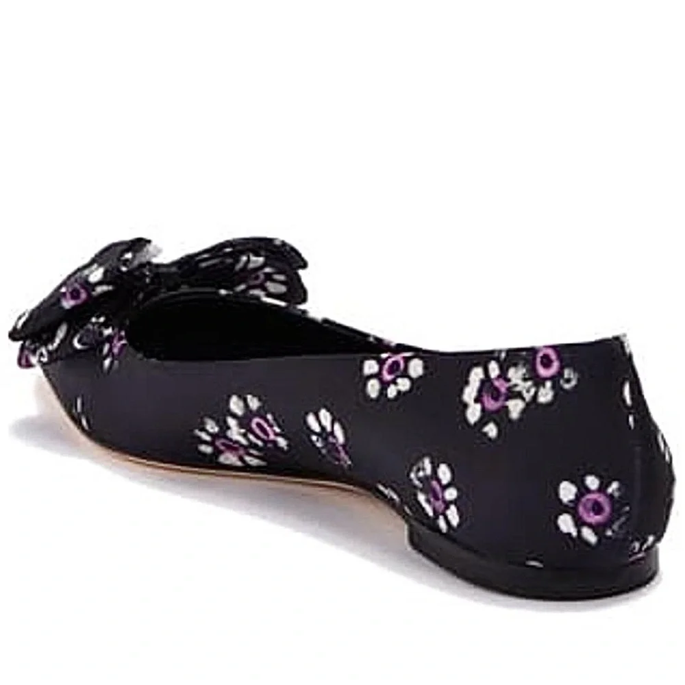 Tory Burch Ballet Flats Rosalind Black Floral Print Satin  bow Size 11 NWT